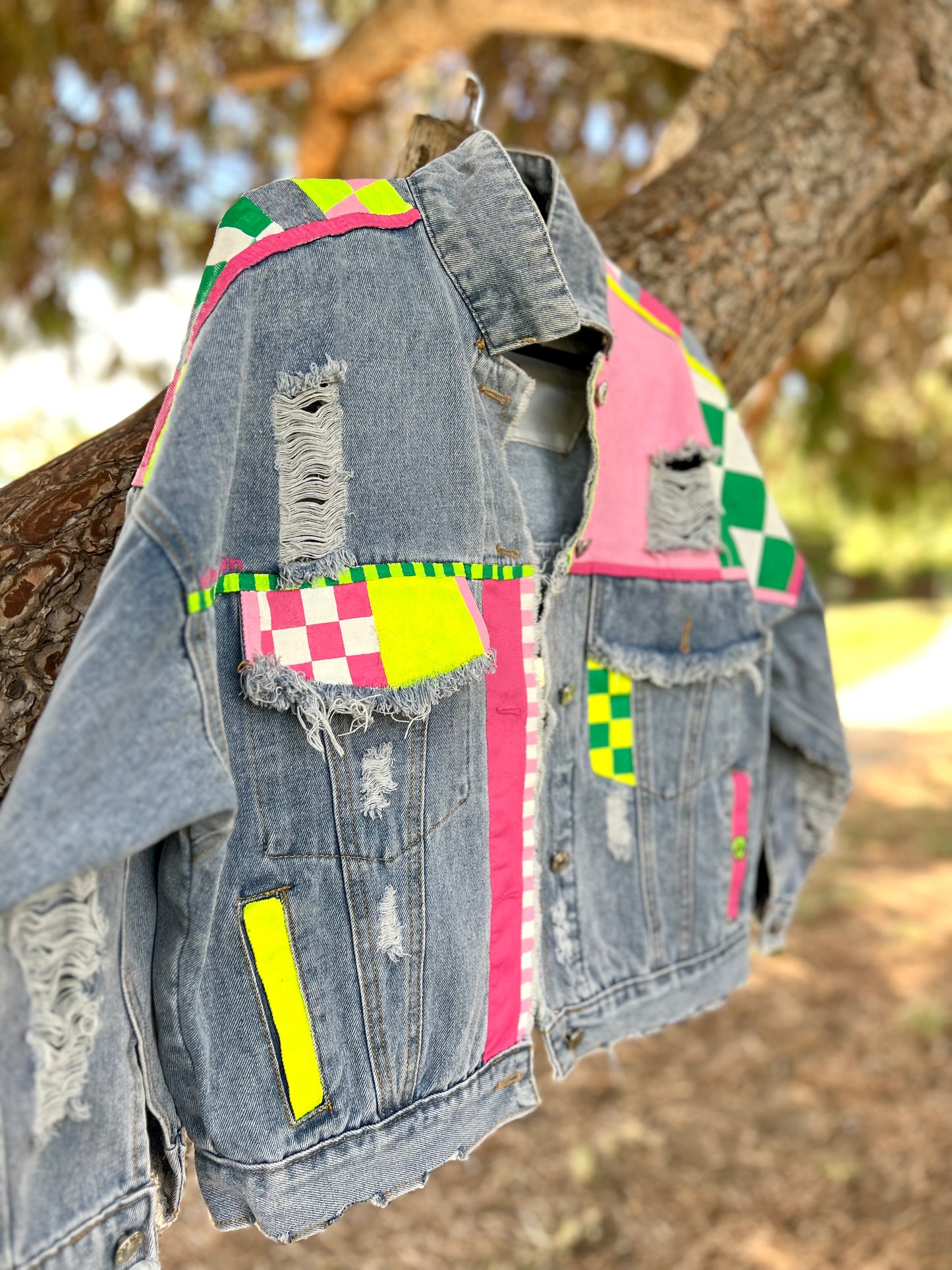 CHECKERED NEON hand-painted denim jacket