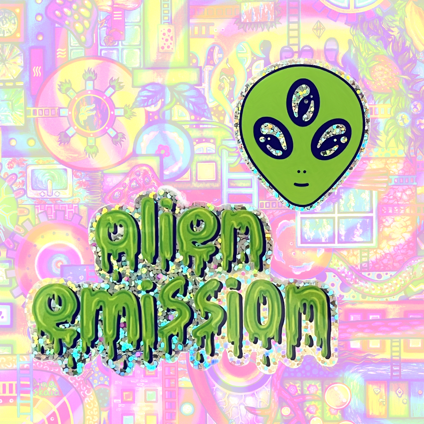 HOLOGRAPHIC alien sticker set of 2