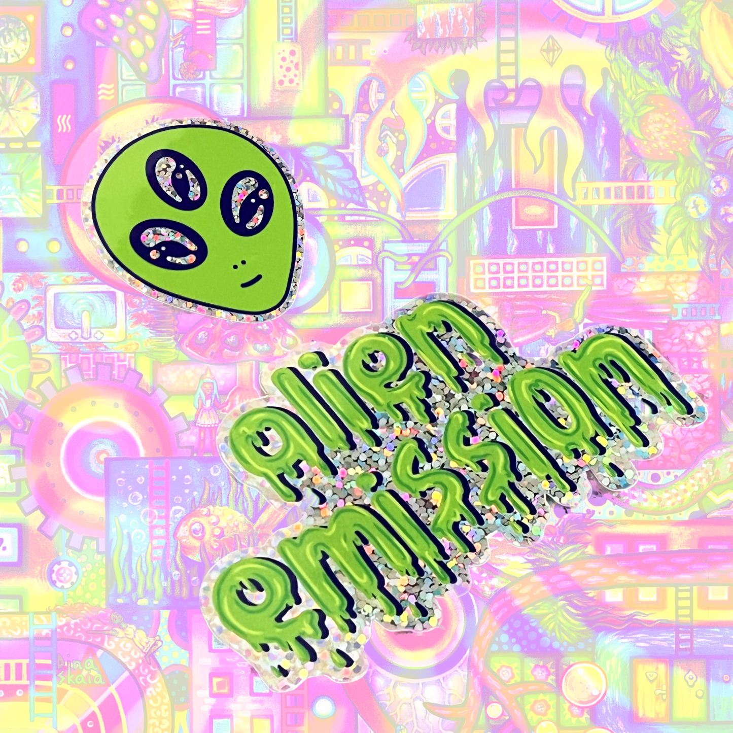 HOLOGRAPHIC alien sticker set of 2