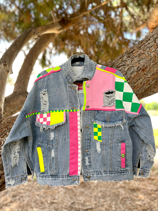 CHECKERED NEON hand-painted denim jacket