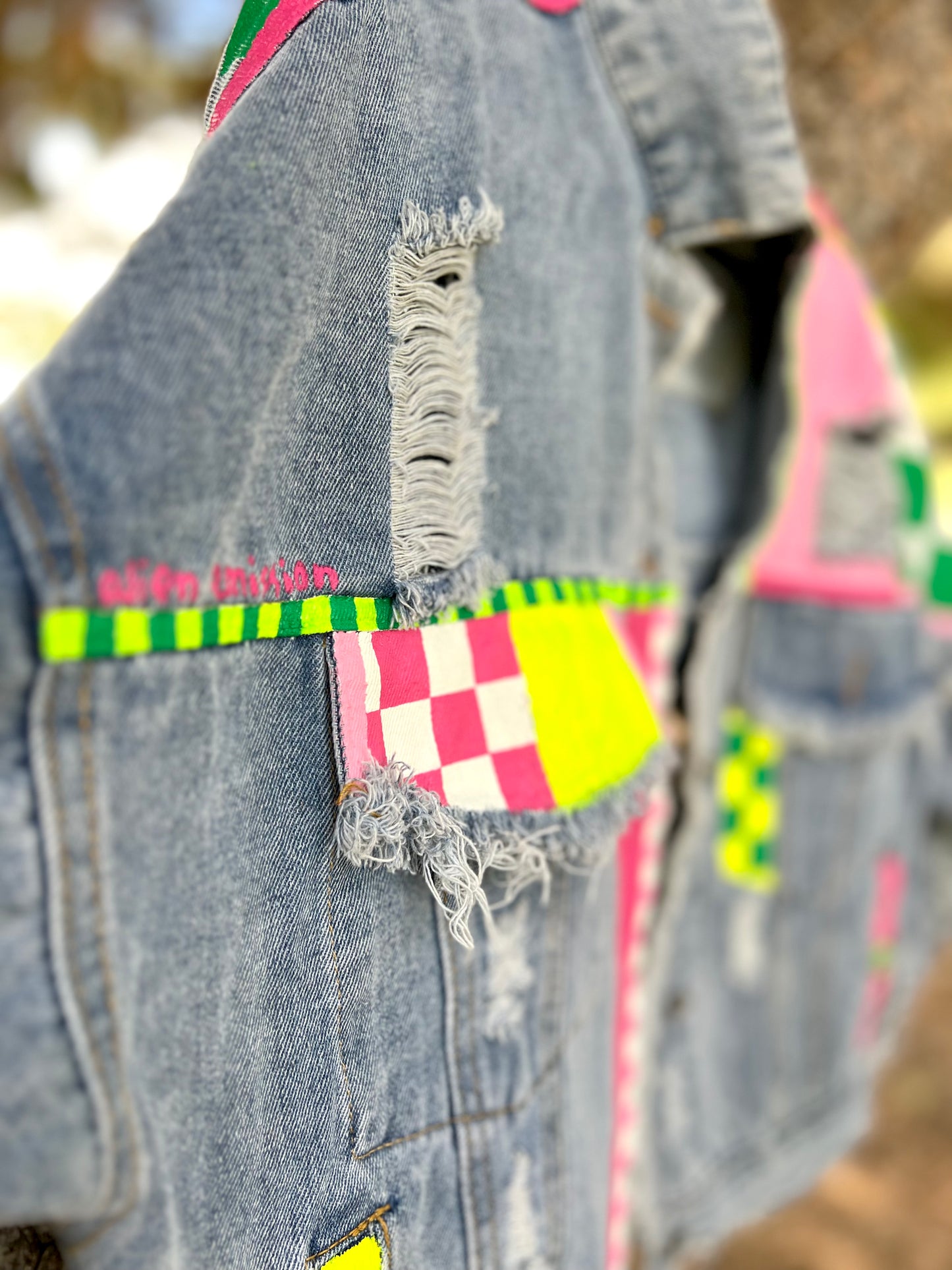 CHECKERED NEON hand-painted denim jacket