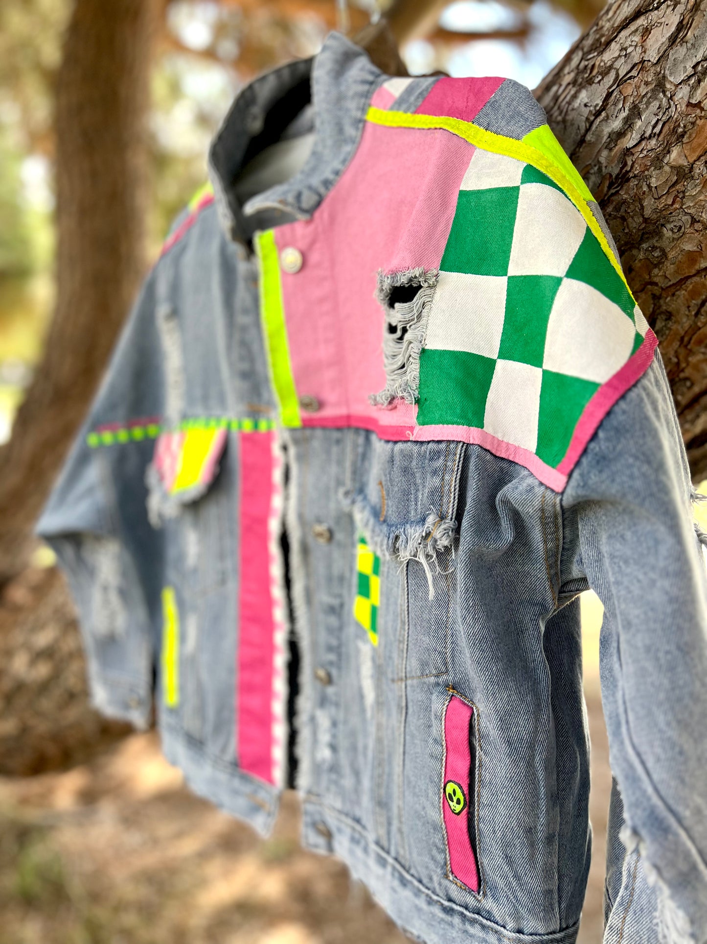 CHECKERED NEON hand-painted denim jacket