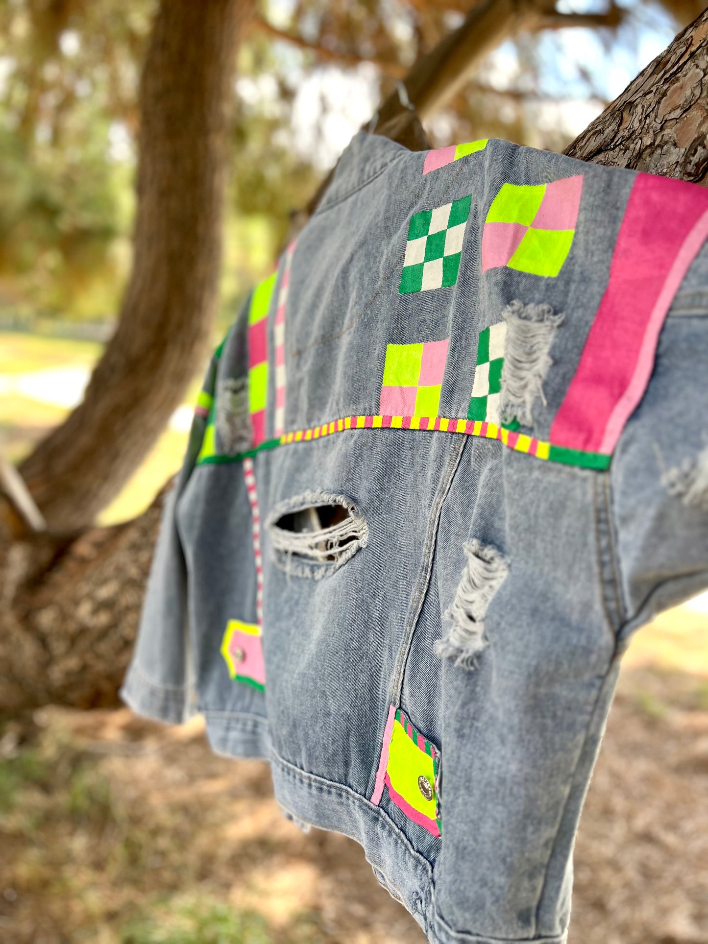 CHECKERED NEON hand-painted denim jacket