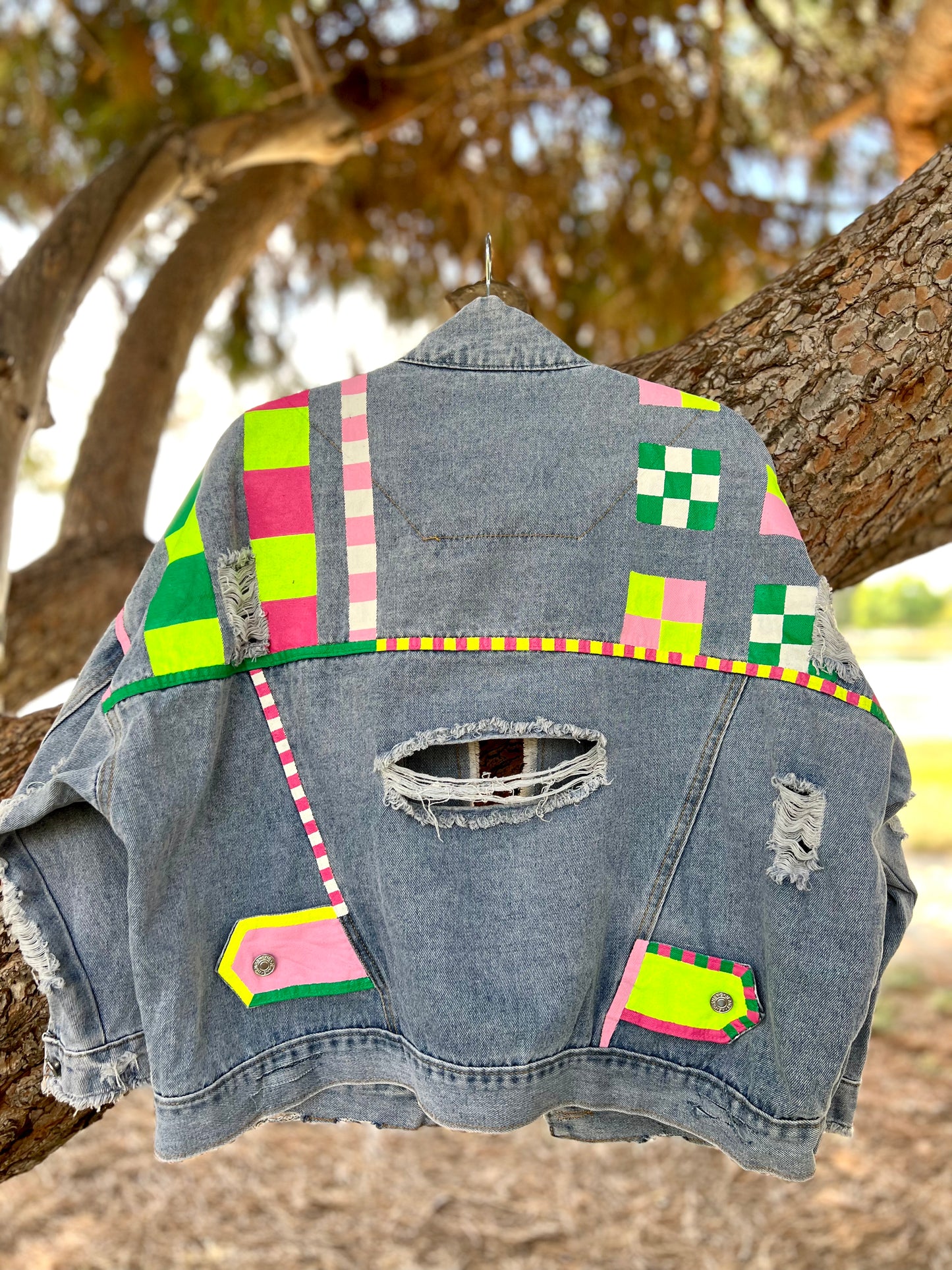 CHECKERED NEON hand-painted denim jacket