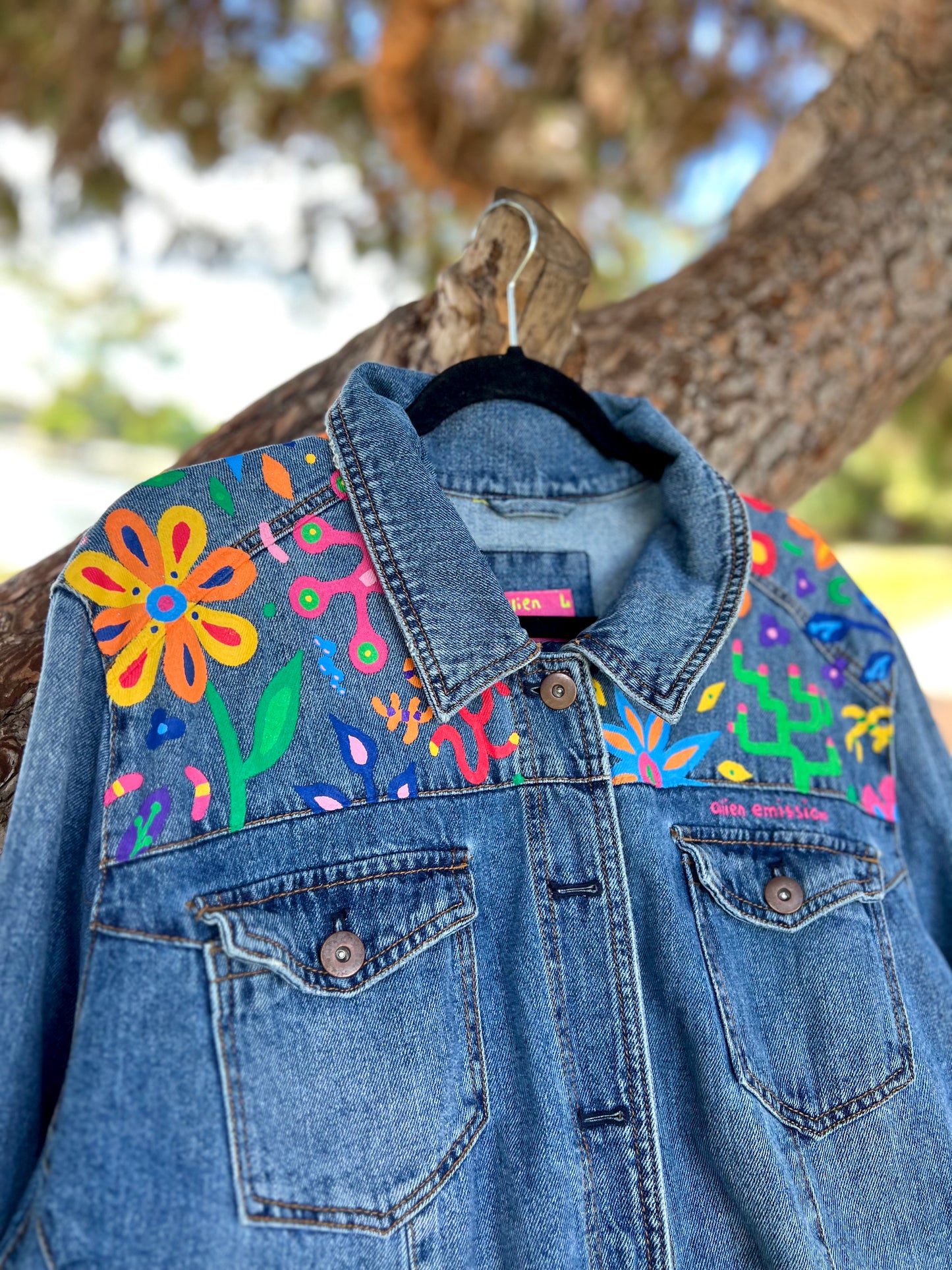 FLORAL CORAL hand-painted denim jacket