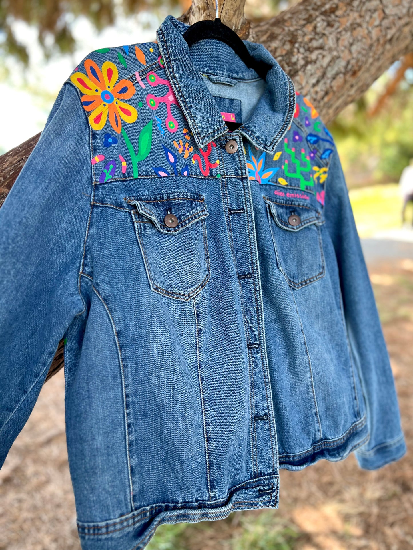 FLORAL CORAL hand-painted denim jacket