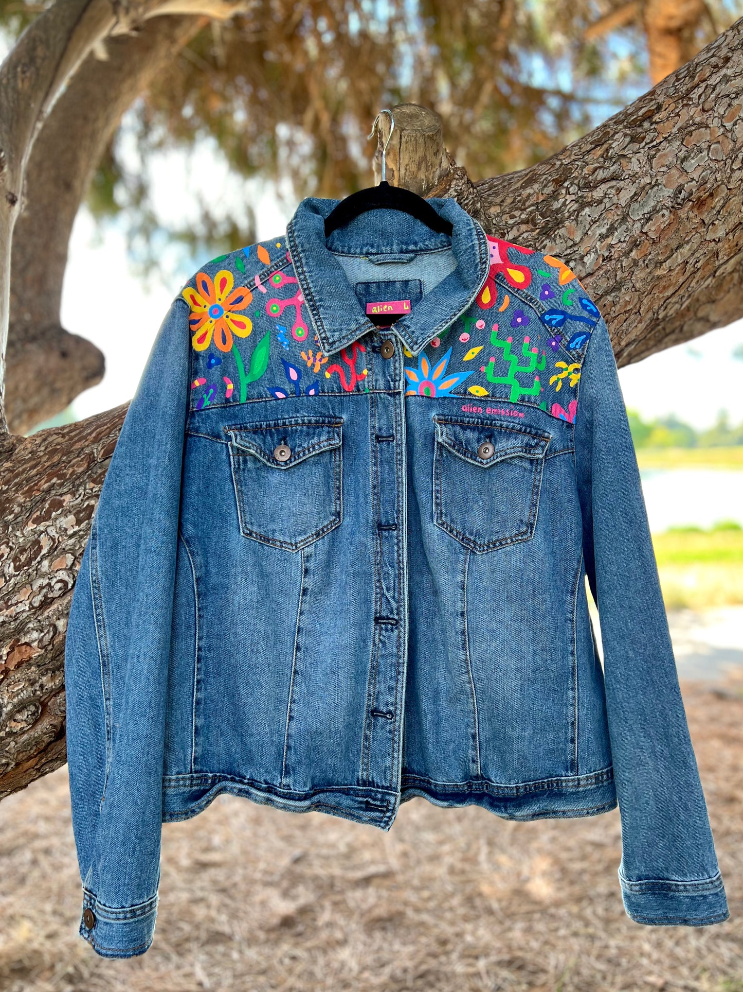 FLORAL CORAL hand-painted denim jacket