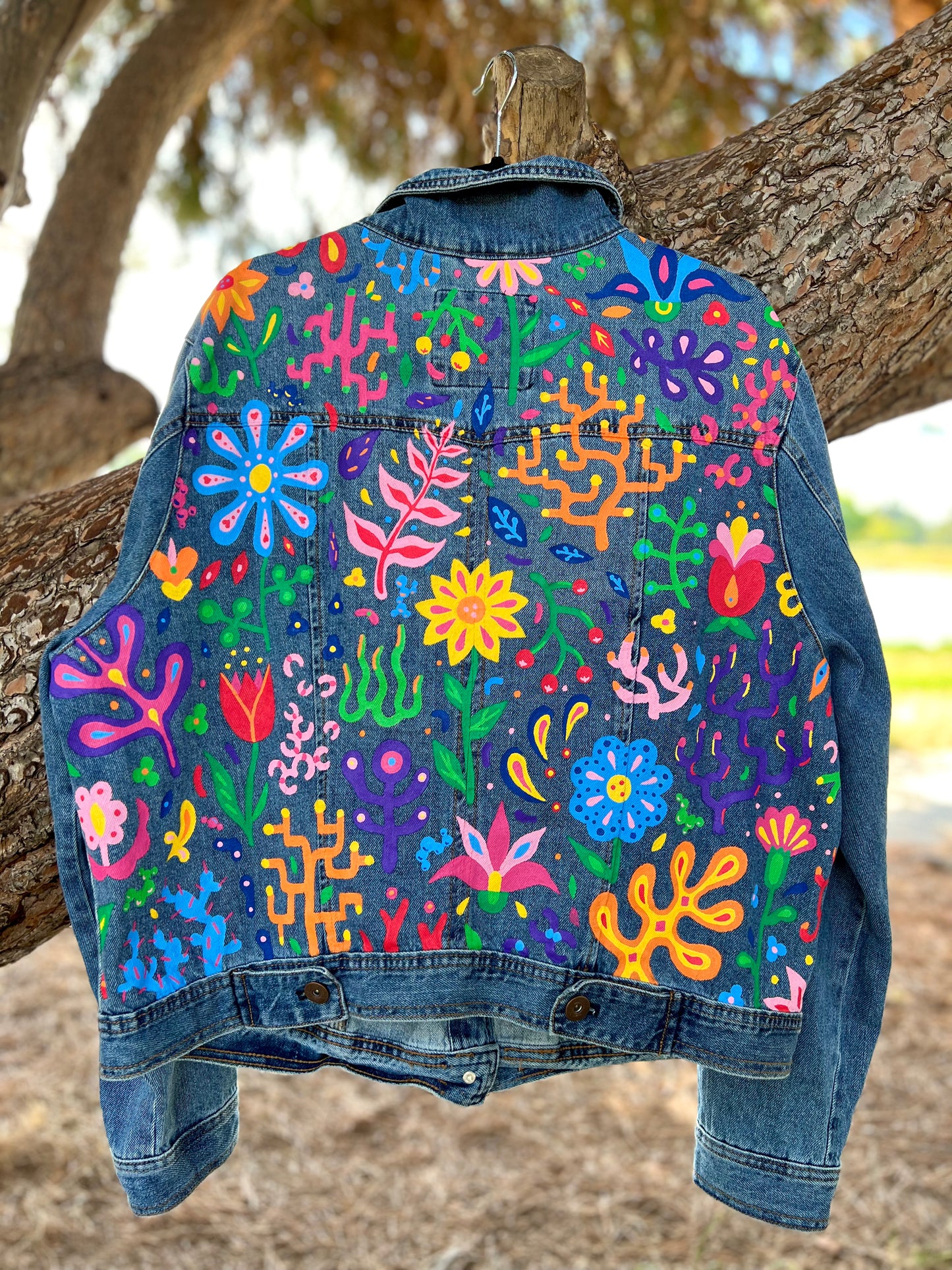 FLORAL CORAL hand-painted denim jacket