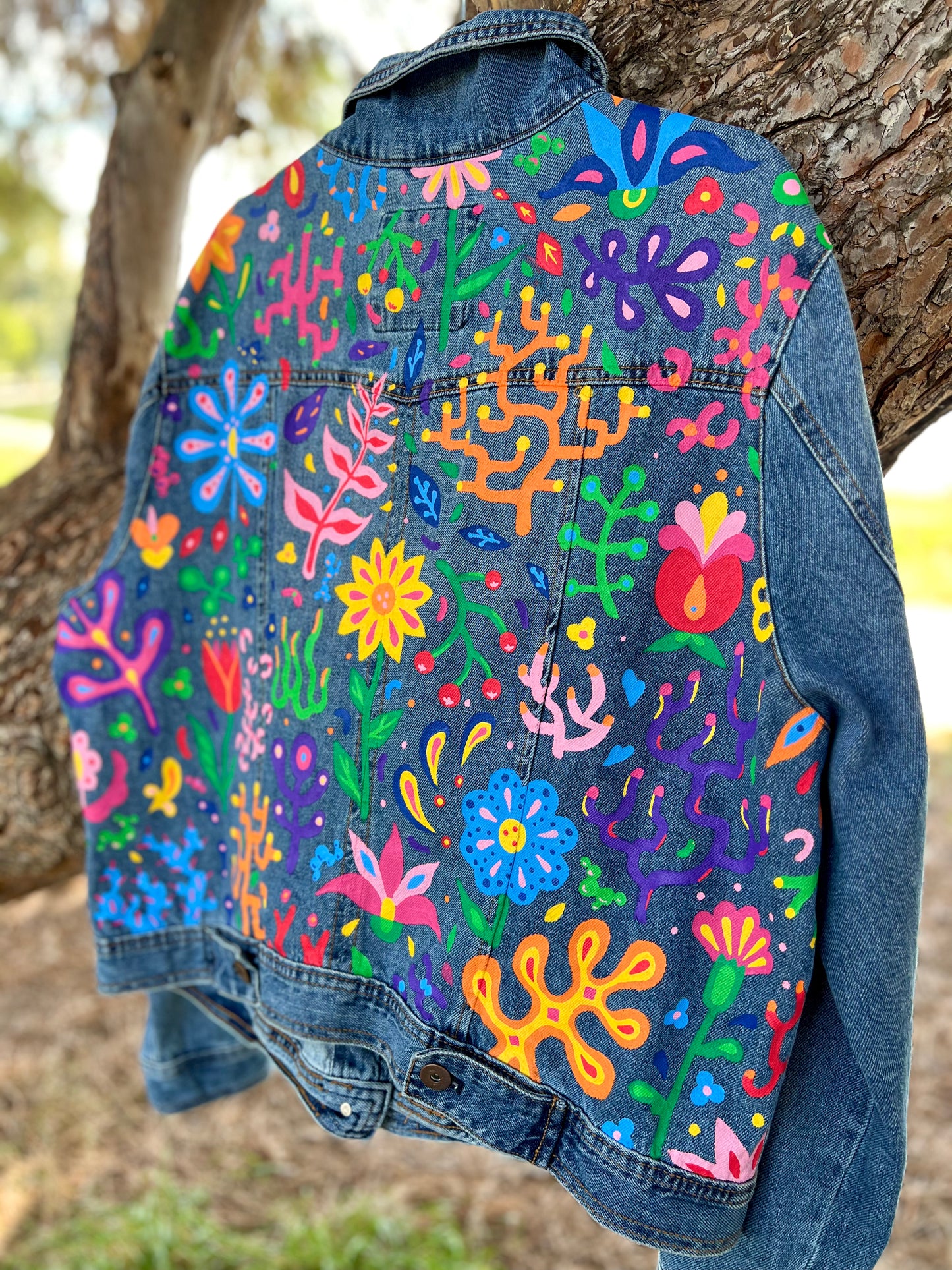 FLORAL CORAL hand-painted denim jacket