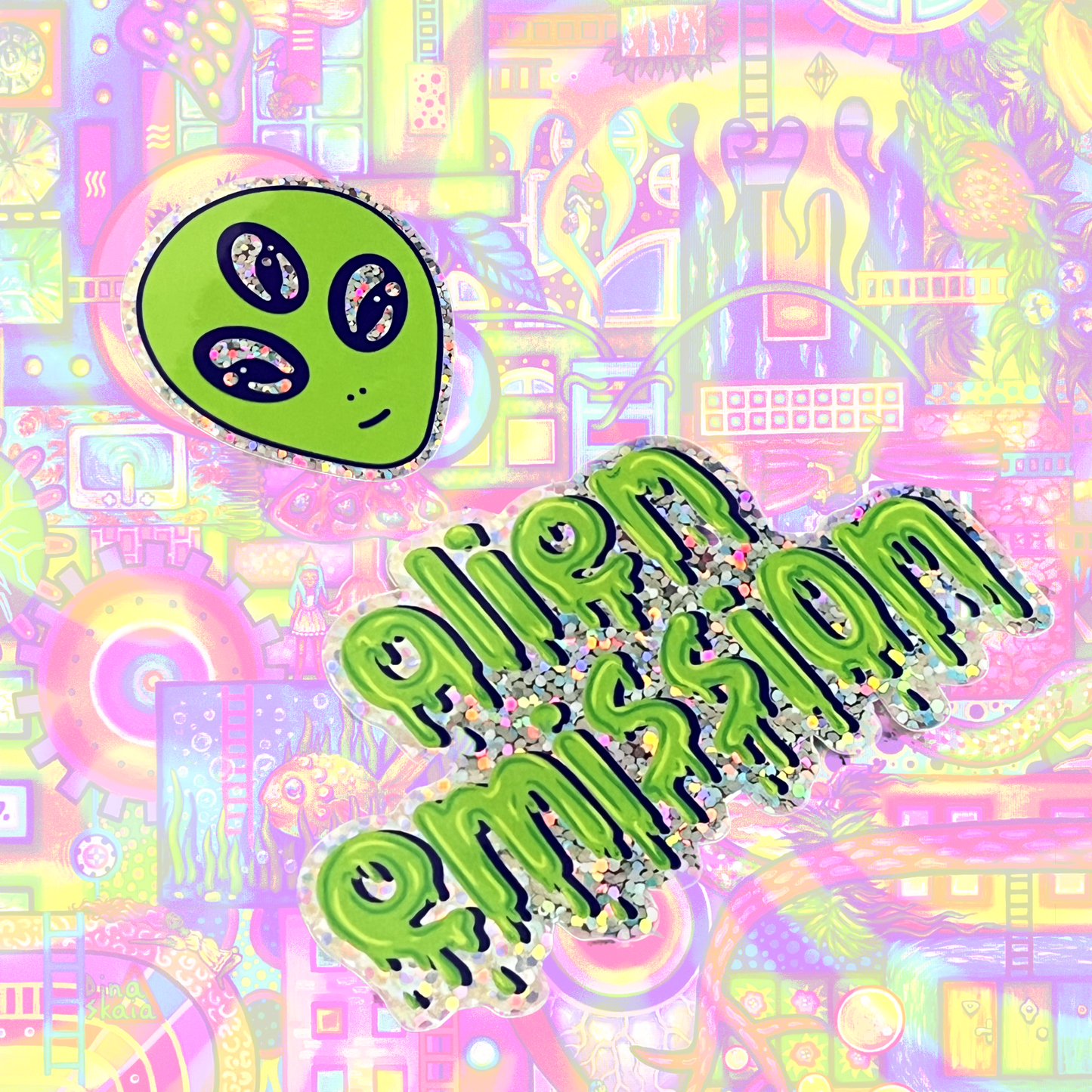 HOLOGRAPHIC  alien sticker set of 2